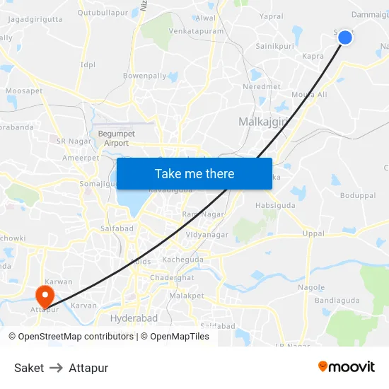 Saket to Attapur map