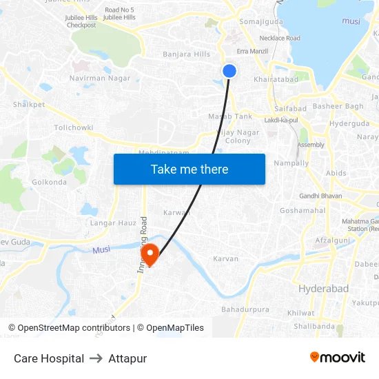 Care Hospital to Attapur map