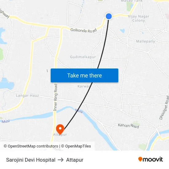 Sarojini Devi Hospital to Attapur map