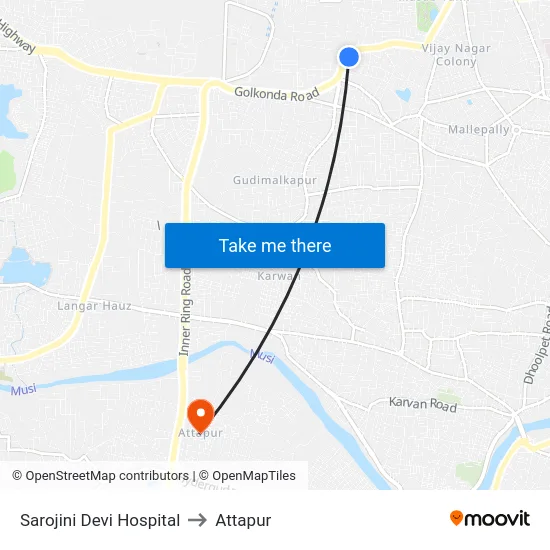 Sarojini Devi Hospital to Attapur map
