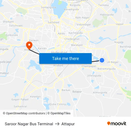 Saroor Nagar Bus Terminal to Attapur map