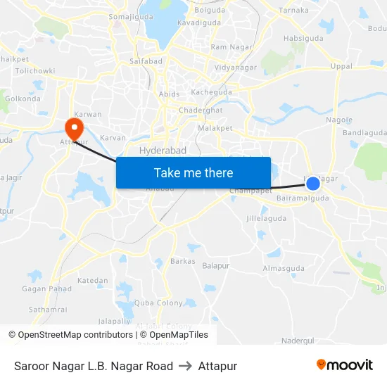 Saroor Nagar L.B. Nagar Road to Attapur map