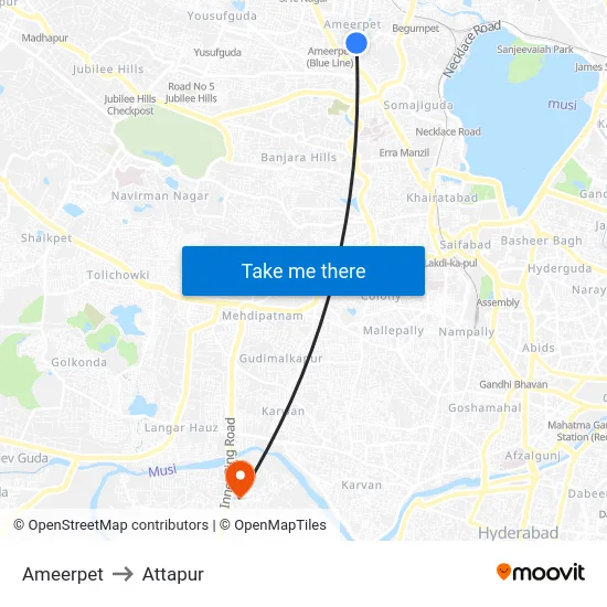Ameerpet to Attapur map
