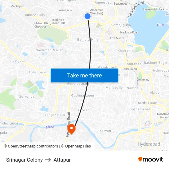 Srinagar Colony to Attapur map