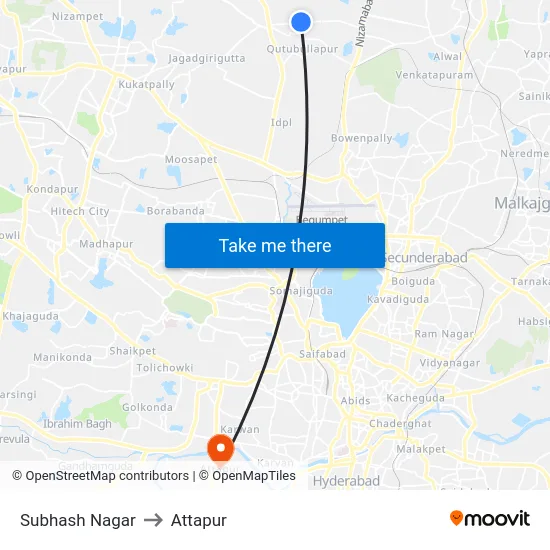Subhash Nagar to Attapur map