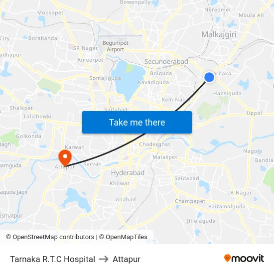 Tarnaka R.T.C Hospital to Attapur map