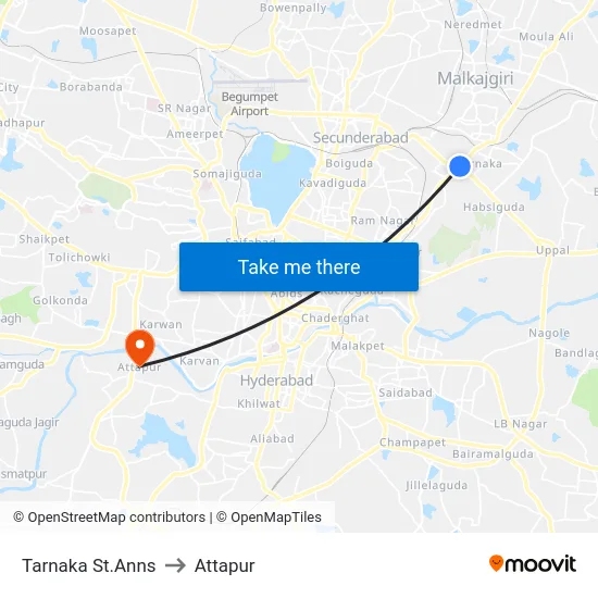 Tarnaka St.Anns to Attapur map