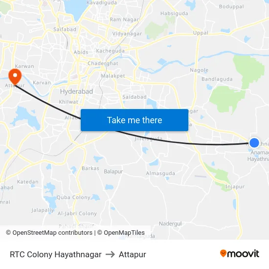 RTC Colony Hayathnagar to Attapur map