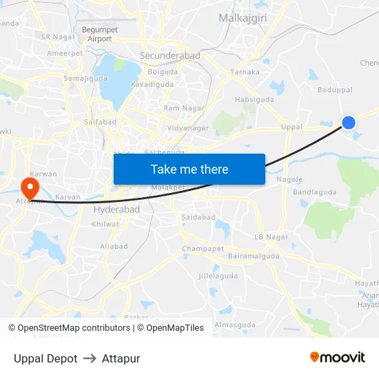 Uppal Depot to Attapur map