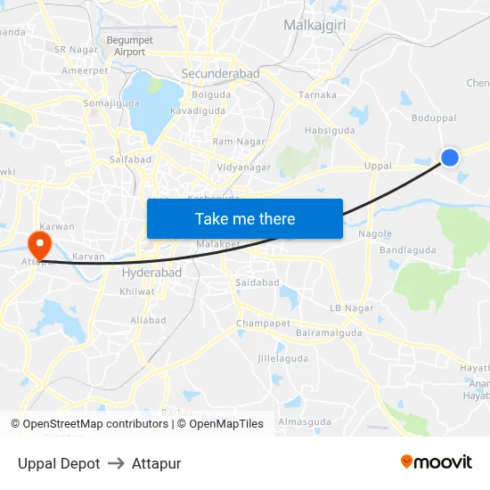 Uppal Depot to Attapur map