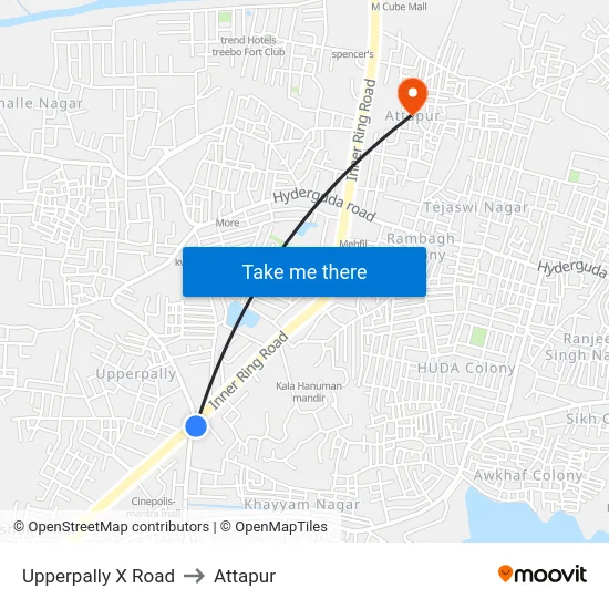 Upperpally X Road to Attapur map