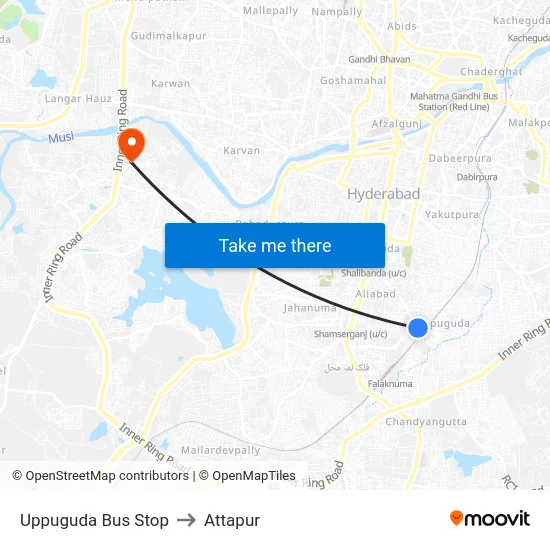 Uppuguda Bus Stop to Attapur map