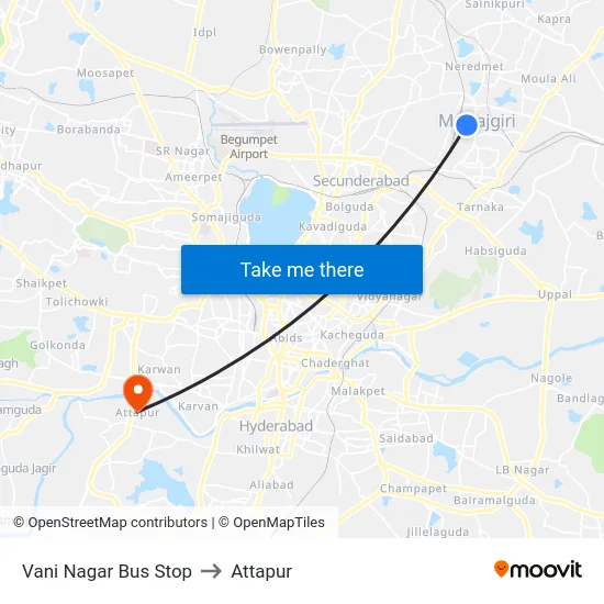 Vani Nagar Bus Stop to Attapur map