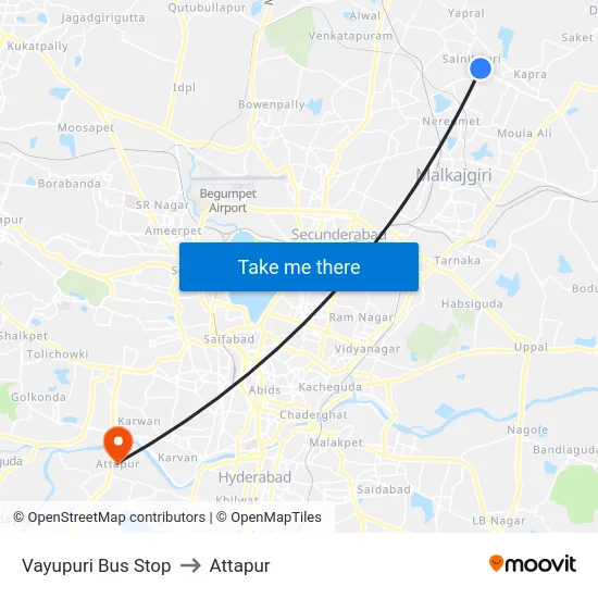 Vayupuri Bus Stop to Attapur map