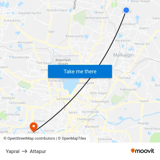 Yapral to Attapur map