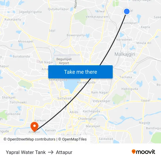 Yapral Water Tank to Attapur map