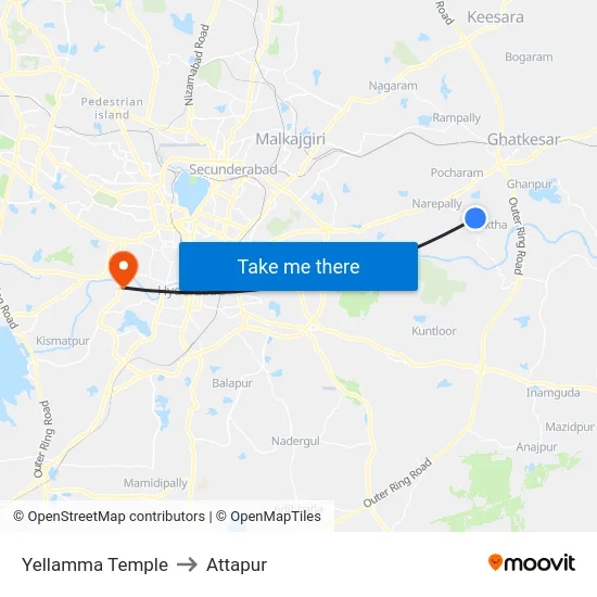 Yellamma Temple to Attapur map
