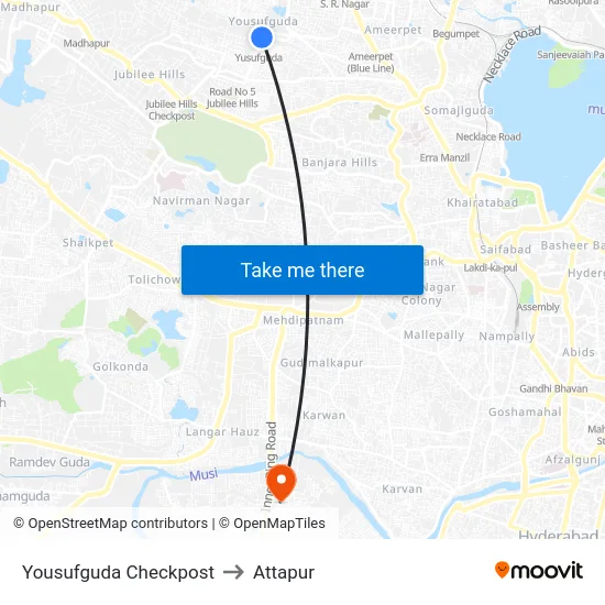 Yousufguda Checkpost to Attapur map