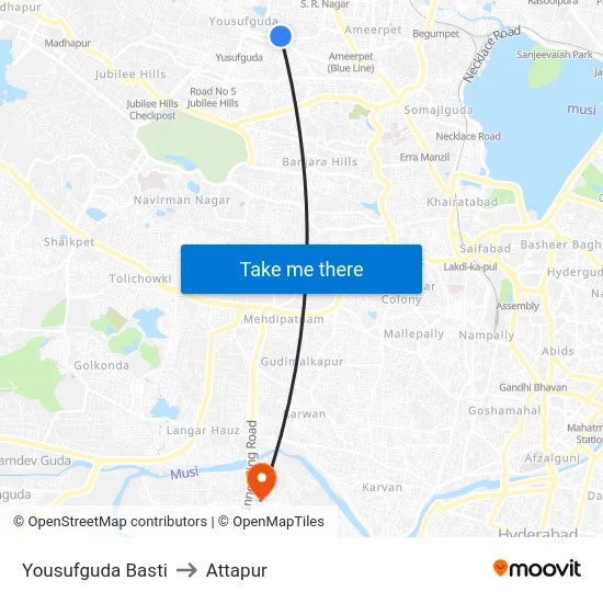 Yousufguda Basti to Attapur map