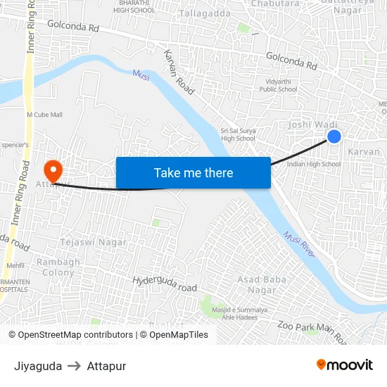Jiyaguda to Attapur map