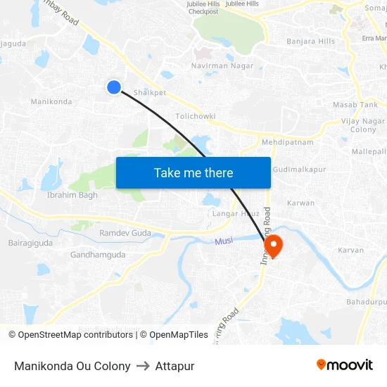 Manikonda Ou Colony to Attapur map