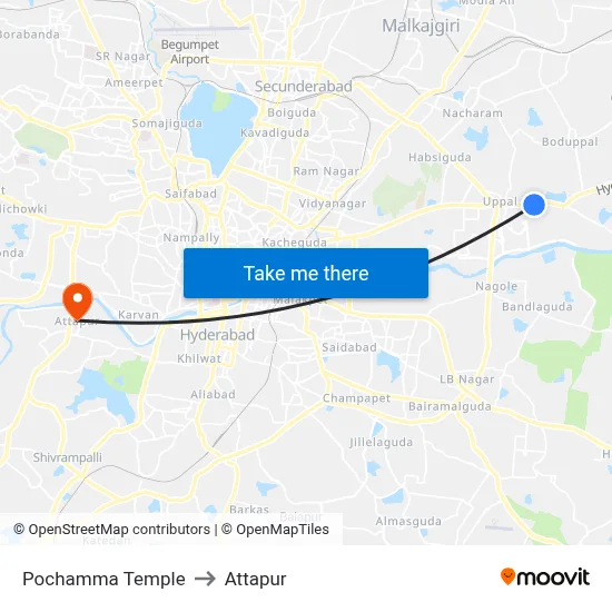Pochamma Temple to Attapur map