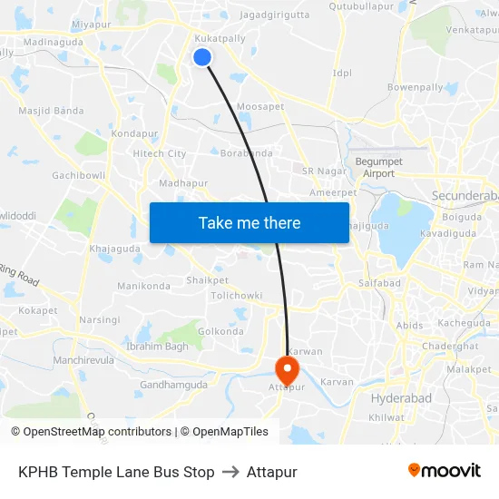 KPHB Temple Lane Bus Stop to Attapur map
