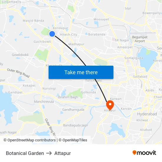 Botanical Garden to Attapur map