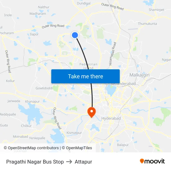 Pragathi Nagar Bus Stop to Attapur map
