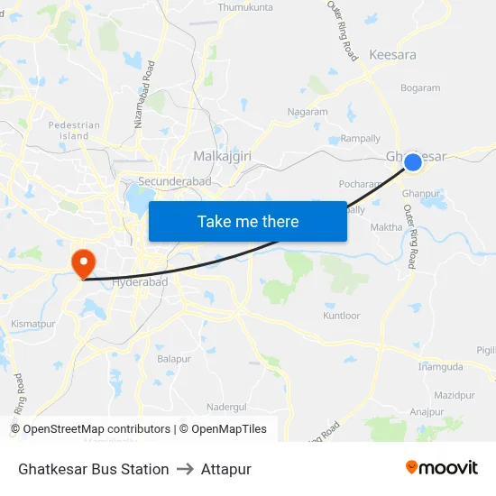 Ghatkesar Bus Station to Attapur map