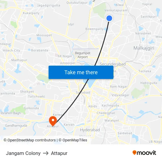 Jangam Colony to Attapur map