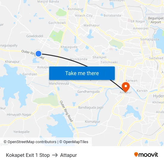 Kokapet Exit 1 Stop to Attapur map