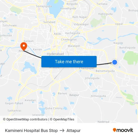 Kamineni Hospital Bus Stop to Attapur map
