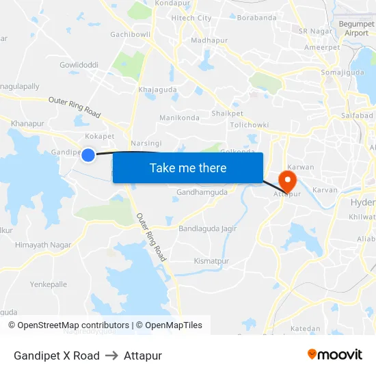 Gandipet X Road to Attapur map