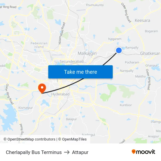 Cherlapally Bus Terminus to Attapur map