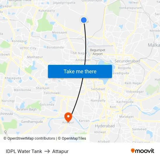 IDPL Water Tank to Attapur map