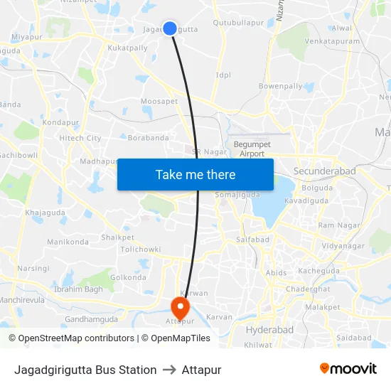 Jagadgirigutta Bus Station to Attapur map
