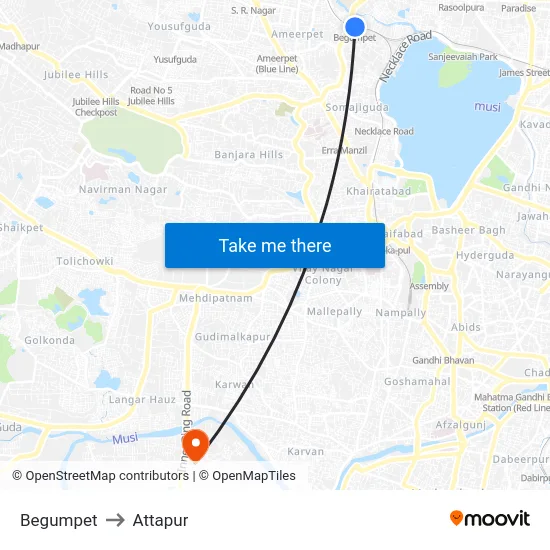 Begumpet to Attapur map