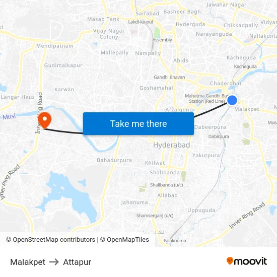 Malakpet to Attapur map