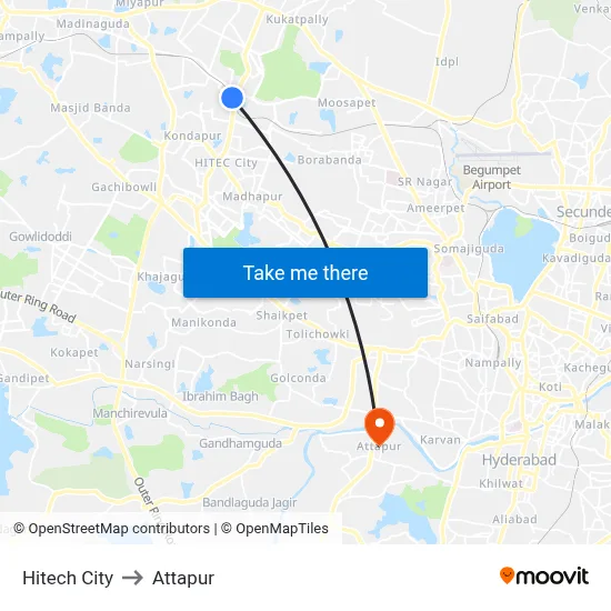 Hitech City to Attapur map