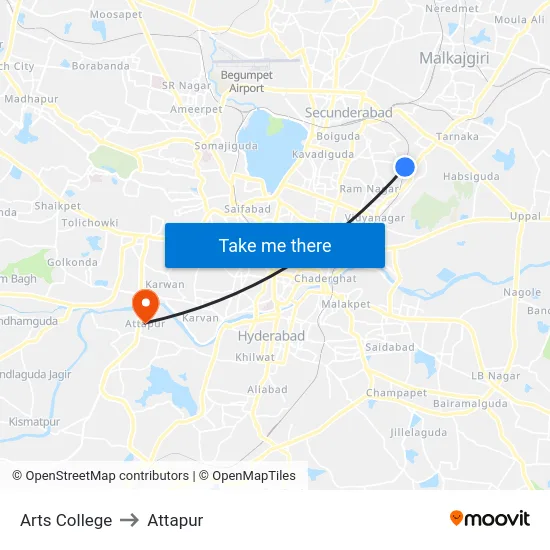 Arts College to Attapur map