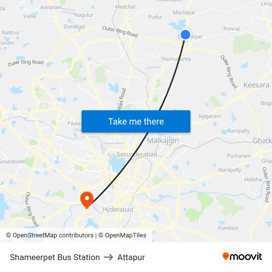 Shameerpet Bus Station to Attapur map