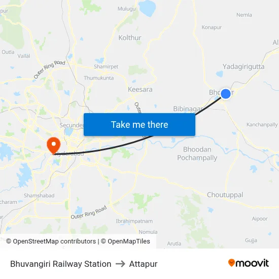 Bhuvangiri Railway Station to Attapur map