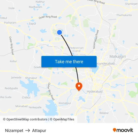 Nizampet to Attapur map