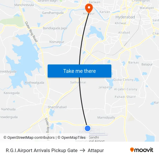 R.G.I.Airport Arrivals Pickup Gate to Attapur map