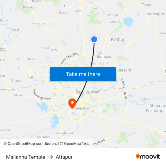 Mallanna Temple to Attapur map