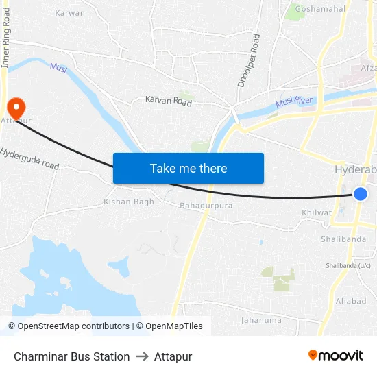 Charminar Bus Station to Attapur map