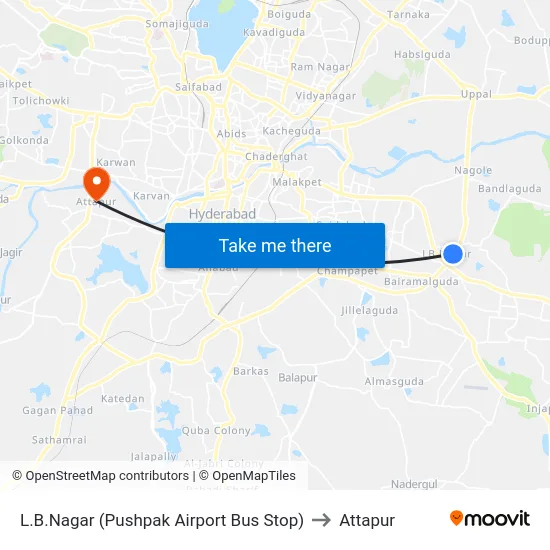 L.B.Nagar (Pushpak Airport Bus Stop) to Attapur map
