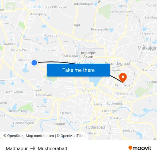 Madhapur to Musheerabad map