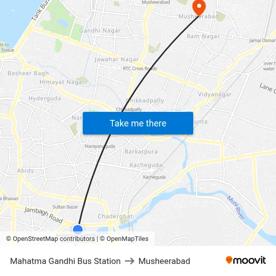 Mahatma Gandhi Bus Station to Musheerabad map